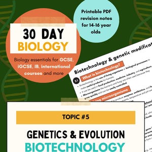 Può includere: Una guida allo studio della biologia con il titolo "30 GIORNI BIOLOGIA" in giallo. Copre genetica, evoluzione, biotecnologie e modificazione genetica. Progettato per corsi GCSE, iGCSE, IB e internazionali.