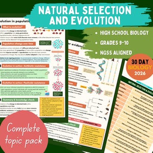 Peut inclure: Supports pédagogiques de biologie intitulés Natural Selection and Evolution, présentant des diagrammes de coccinelles, de brins d'ADN et d'arbres phylogénétiques. Les pages incluent des textes sur l'évolution et un glossaire pour le lycée.