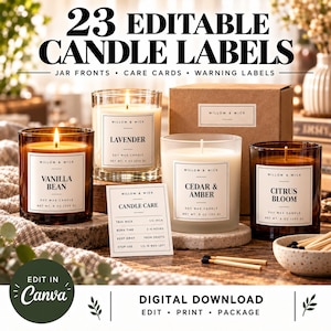 Op de afbeelding: Een set van 23 bewerkbare kaarslabels inclusief potfronten, verzorgingskaarten en waarschuwingslabels. De labels bevatten de tekst Willow & Wick, Vanilla Bean, Lavender, Cedar & Amber, Citrus Bloom en Candle Care met instructies.