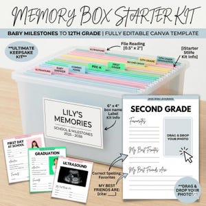 May include: A clear plastic memory box starter kit with labeled dividers for baby milestones through 12th grade. Includes editable Canva templates for school and milestones from 2025-2038. Features cards for ultrasound, graduation, and first day of school.