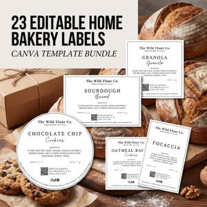 May include: A set of 23 editable home bakery labels in a Canva template bundle. The white rectangular and circular labels feature black text, including The Wild Flour Co. branding, ingredient lists, QR codes, and contact information for food items.