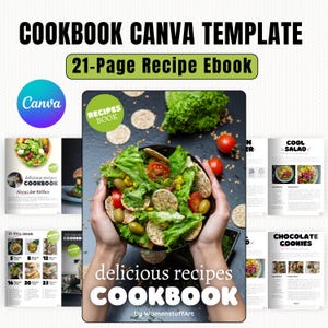 May include: A cookbook Canva template with a 21-page recipe ebook. The cover shows a colourful salad in a black bowl. The text reads "delicious recipes COOKBOOK" and "by WomenstuffArt". Additional pages showcase recipes and the Canva logo.