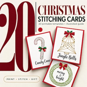 Könnte beinhalten: Ein Set aus 20 weihnachtlichen Stickkarten mit druckbaren Vorlagen und einer illustrierten Anleitung. Die Karten zeigen Motive eines Zuckerstangen-Designs, einer Glocke mit dem Text Jingle Bells und eines Kranzes mit dem Text merry & bright. Text PRINT STITCH GIFT.