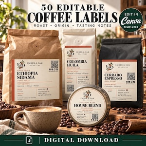 50 modelli di etichette per sacchetti di caffè per Canva, con livello di tostatura modificabile, origine e note di degustazione.