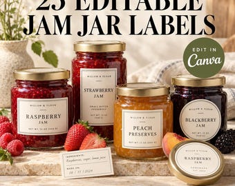 Può includere: Un set di 23 etichette modificabili per barattoli di marmellata con il testo 23 EDITABLE JAM JAR LABELS e EDIT IN CANVA. L'immagine mostra quattro barattoli di vetro pieni di conserve di frutta, ognuno con etichetta crema e coperchio oro.