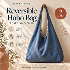 Boho tygväska Vändbar Slouchy Hobo-väska PDF Symönster | Axelväska i två storlekar | Minimalistisk Vardags-Gör-det-själv | A4 US Letter A0