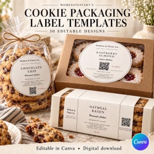 May include: Cookie packaging label templates featuring 50 editable designs. The image displays a clear plastic bag of chocolate chip cookies, a brown box of raspberry almond cookies, and a white box of oatmeal raisin cookies with labels.