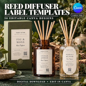 May include: Reed diffuser label templates featuring 50 editable Canva designs. Includes a green box labeled Fig & Moss, a brown glass bottle labeled Cedar Amber, and a clear ribbed glass bottle labeled Neroli Bloom with rattan reeds.