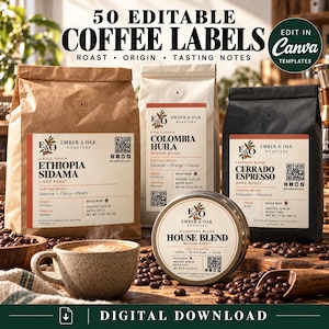 Puede incluir: Un conjunto de descarga digital de 50 etiquetas de café editables con el texto 50 EDITABLE COFFEE LABELS, ROAST, ORIGIN, TASTING NOTES y EDIT IN CANVA TEMPLATES. Las etiquetas se muestran en tres bolsas de café y una lata redonda.