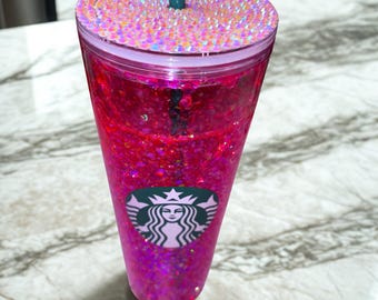 Pink Glitter Starbucks Tumbler SnowGlobe Rhinestone lid bling