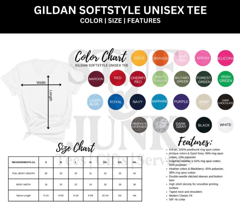 May include: A white Gildan Softstyle Unisex Tee with a colour chart, size chart, and features list. The colour chart includes colours like maroon, red, and navy. The size chart provides measurements for full body length, body width, and sleeve length.