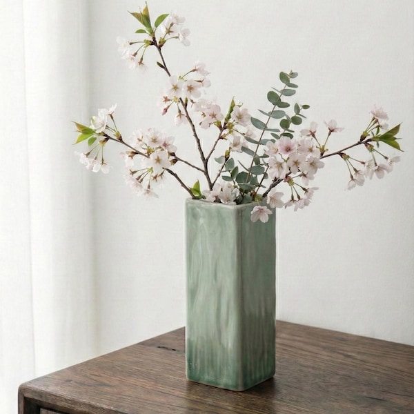 Tall Green Ceramic Square Vase Minimalist Porcelain Flower Holder
