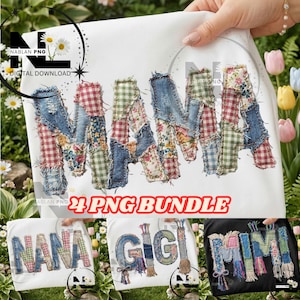 Può includere: Una maglietta bianca con la scritta "MAMA" applicata in un design patchwork. Le lettere sono realizzate con vari tessuti, tra cui denim, floreale e motivi a quadri. L'immagine include anche il testo "24 PNG BUNDLE".