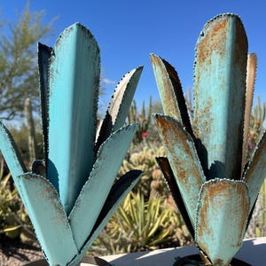 May include: Two metal agave sculptures with a weathered turquoise finish. The sculptures have pointed, serrated leaves and a central stalk. The background features desert plants and a clear blue sky, creating a Southwestern aesthetic.