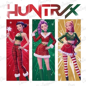 May include: Digital illustration featuring three stylized female figures in festive holiday attire. The image includes the text "HUNTRAX" at the top. Each figure is set against a different background, with red, green, and gold tones, and snowflake accents.