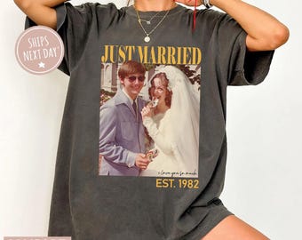 Custom Photo Just Married EST Years Ago Shirt, Personalized Anniversary Gift, Wedding Anniversary Matching Couple Shirt