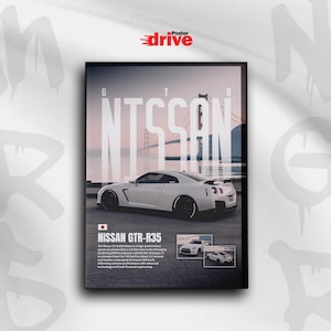 May include: A framed poster featuring a white Nissan GTR-R35 sports car with the text "NISSAN" in large white letters. The background shows a bridge and a body of water. The poster includes additional images and text.
