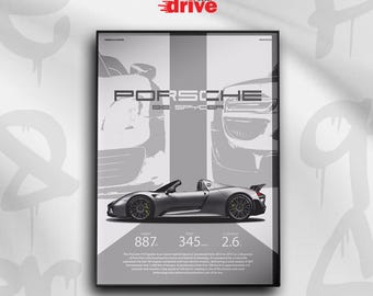 Porsche 918 Spyder – Pôster digital para entusiastas de carros, decoração de casa ou escritório, design automotivo elegante.