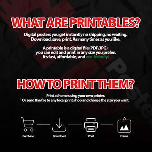 May include: A black and red graphic explaining printables. The text reads "WHAT ARE PRINTABLES?" and "HOW TO PRINT THEM?" with instructions on downloading, printing, and framing digital posters. Includes icons for purchase, download, print, and frame.