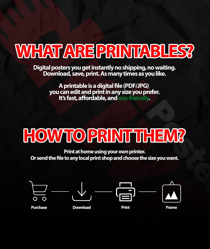 May include: A black and red graphic explaining printables. The text reads "WHAT ARE PRINTABLES?" and "HOW TO PRINT THEM?" with instructions on downloading, printing, and framing digital posters. Includes icons for purchase, download, print, and frame.