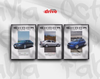 Set di 3 poster da parete Skoda vRS – Octavia, Fabia, Superb, auto / Decorazione per casa e ufficio / Regalo per appassionati di auto / Download digitale