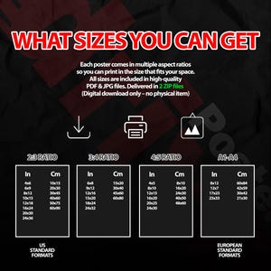May include: Poster size chart with US and European standard formats. Includes sizes in inches and centimeters, such as 4x6 inches (10x15 cm), 8x10 inches (16x20 cm), and 12x16 inches (45x60 cm). The chart also lists the aspect ratios 2:3, 3:4, and 4:5.