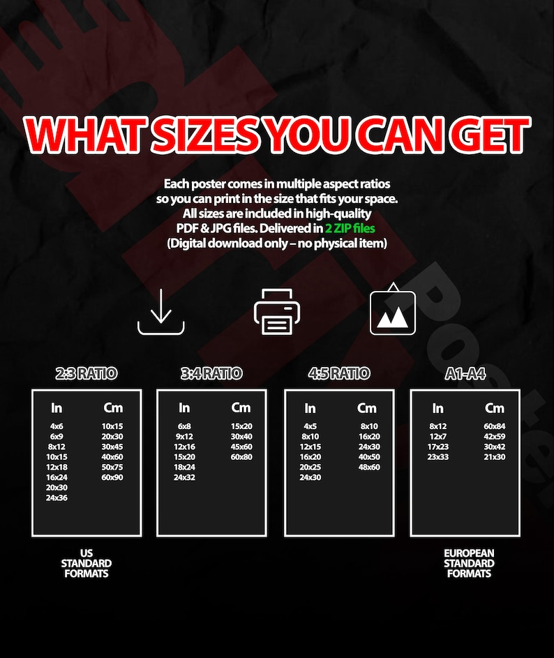 May include: Poster size chart with US and European standard formats. Includes sizes in inches and centimeters, such as 4x6 inches (10x15 cm), 8x10 inches (16x20 cm), and 12x16 inches (45x60 cm). The chart also lists the aspect ratios 2:3, 3:4, and 4:5.