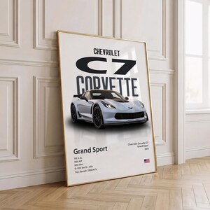 May include: Framed poster featuring a light blue Chevrolet C7 Corvette Grand Sport. The poster includes the car's specifications, such as the V8 6.2L engine, 460 HP, and top speed of 290 km/h. The text "CHEVROLET C7 CORVETTE" is displayed at the top.