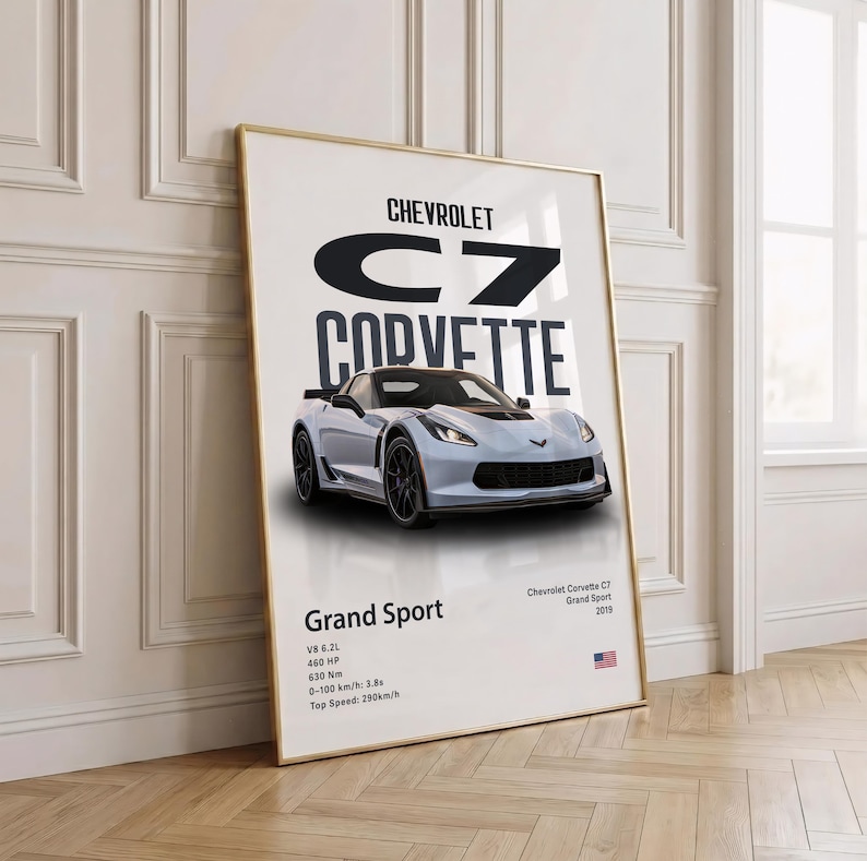 May include: Framed poster featuring a light blue Chevrolet C7 Corvette Grand Sport. The poster includes the car's specifications, such as the V8 6.2L engine, 460 HP, and top speed of 290 km/h. The text "CHEVROLET C7 CORVETTE" is displayed at the top.