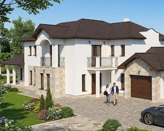 Luxury European Villa / Complete House Plan / 2-Story Countryside Home / Architectural Blueprint / PDF + DWG + SketchUp File