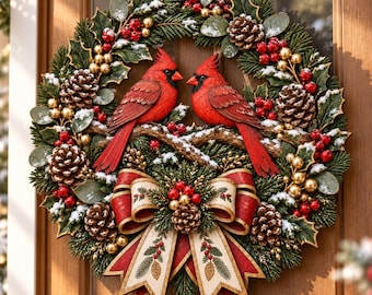 May include: A circular holiday wreath featuring two red cardinal birds perched on a branch, surrounded by green pine needles, brown pinecones, red berries, and gold ornaments, finished with a large red and cream ribbon bow with pinecone prints.
