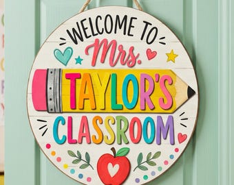 Personalized Classroom Welcome Sign, Custom Teacher Pencil Door Hanger, Kindergarten Nursery Wall Decor, Back to School Gift for Teacher