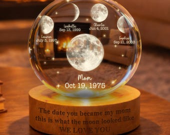Lámpara de bola de cristal personalizada con fases lunares y fecha para mamá, El día en que te convertiste en nuestra mamá, Luz nocturna lunar, Regalo del Día de la Madre, Regalo para mamá