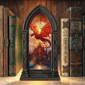 Op de afbeelding: Een decoratief glas-in-loodpaneel met een rode draak boven een kasteel, geplaatst in een donker frame. Omringd door antieke boeken, waaronder "Bestiarium van Wonder" en "De Verloren Stad van Azura", wat een fantasiethema oproept.