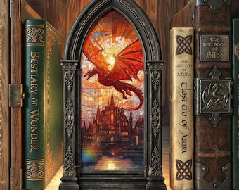 Fantasy Book Nook Stained Glass Candle Holder, Dragon Library Sign, Outstanding Dragon Booknook, Fantasy Book Lover&Reader Gift,Bookish Gift