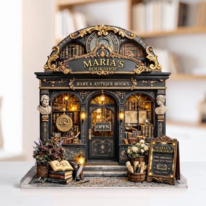 Könnte beinhalten: Eine detaillierte Miniatur von Maria's Buchhandlung, mit einer schwarzen und goldenen Fassade. Der Text "Maria's Bookshop, Rare & Antique Books" ist zu sehen. Ein Schild zeigt "New Arrivals, Rare Editions, Open Daily."