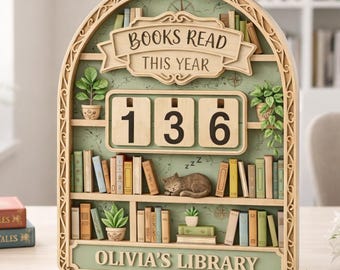 Vintage boeken 'Lees dit jaar'-tracker, houten bibliotheekdecor, bord 'Lezerdoel'