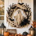 Spooky Ghost Halloween Wreath, Gothic Bat Wreath Decor, Black Rose Halloween Door Hanger, Haunted House Wall Decor, Fall Porch Decor