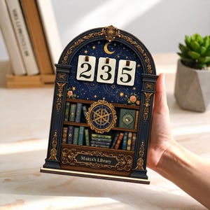 Op de afbeelding: Decoratieve houten kalender met een marineblauwe achtergrond, met een boekenplankontwerp. De kalender toont de nummers 235. De woorden "MARIA'S Library" staan onderaan gedrukt. De kalender is geaccentueerd met gouden en bruine details.