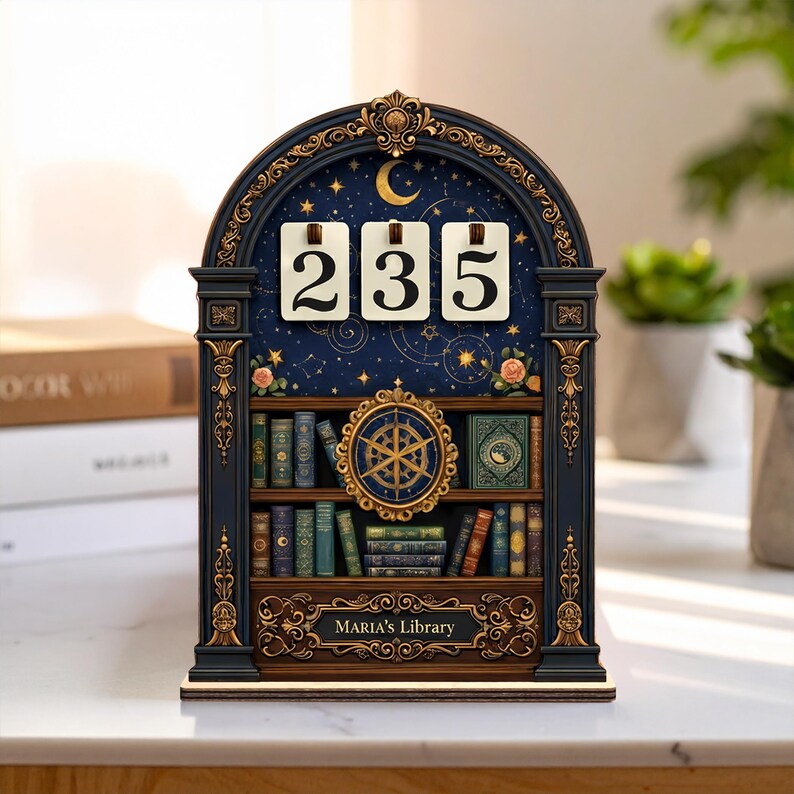 Op de afbeelding: Een decoratieve houten eeuwige kalender met een hemels ontwerp. De kalender toont de nummers 235 op witte kaarten. Het ontwerp omvat een boekenplank, een maan, sterren en de tekst "MARIA'S Library".