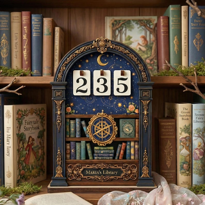 Op de afbeelding: Een decoratieve boekenplank met een marineblauw en goudkleurig frame, met de nummers "235" op witte kaarten. De plank is gevuld met miniatuurboeken en een gouden kompasontwerp. De woorden "MARIA'S Library" staan onderaan.