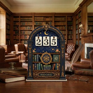Op de afbeelding: Een decoratieve kalender in de vorm van een boekenplank met het nummer 235. De marineblauwe kalender heeft een hemels ontwerp met gouden accenten, een maan en sterren. De onderkant van de kalender leest "MARIA'S Library".