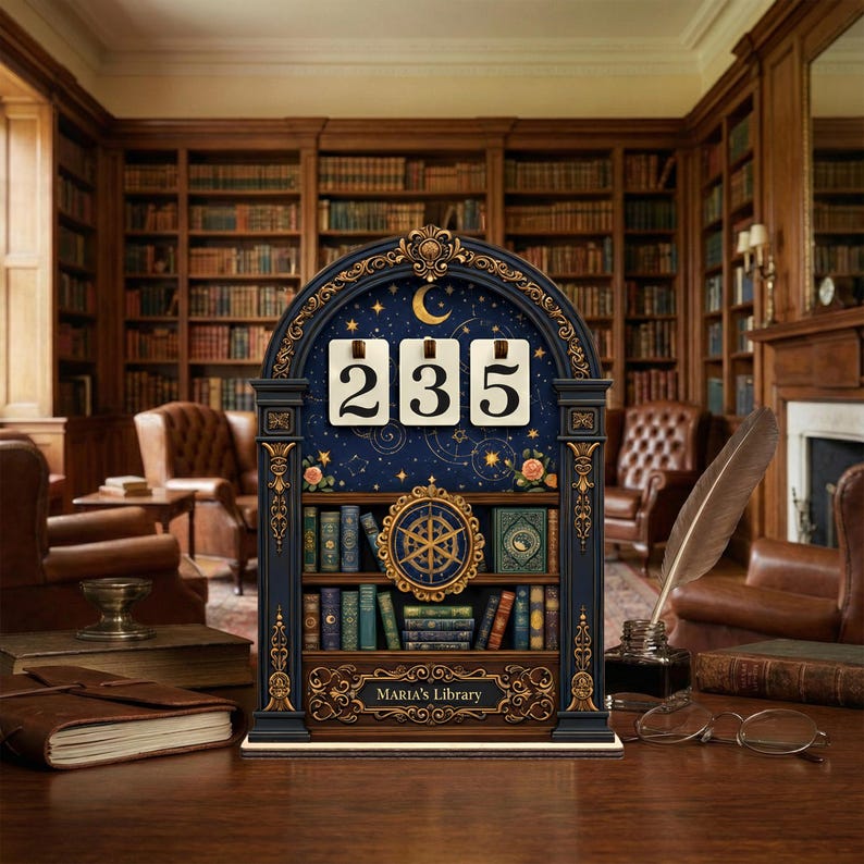 Op de afbeelding: Een decoratieve kalender in de vorm van een boekenplank met het nummer 235. De marineblauwe kalender heeft een hemels ontwerp met gouden accenten, een maan en sterren. De onderkant van de kalender leest "MARIA'S Library".