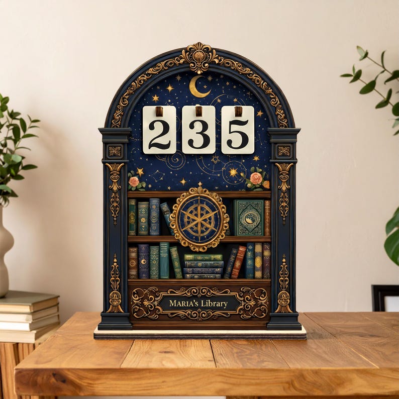 Op de afbeelding: Een decoratieve houten boekenplank met de nummers 235 bovenaan. De boekenplank is marineblauw met gouden accenten, een hemelse achtergrond en een plank met boeken. De woorden "MARIA'S Library" worden onderaan weergegeven.
