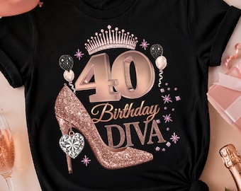 40. urodziny Diva PNG, projekt koszulki dla kobiety na 40. urodziny, różowozłota, olśniewająca grafika urodzinowa, 40. urodziny i wspaniały prezent dla niej, urodzinowa Diva