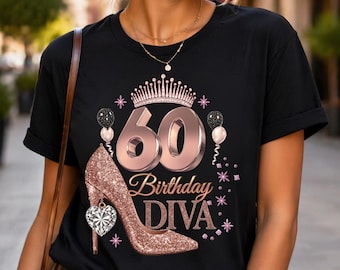 60. urodziny Diva PNG, projekt koszulki dla kobiety na 60. urodziny, różowozłota, olśniewająca grafika urodzinowa, 60. urodziny i wspaniały prezent dla niej, urodzinowa Diva,
