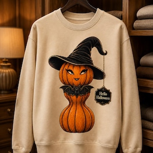 Peut inclure: Un sweat-shirt beige à col rond orné d'un motif représentant une citrouille orange portant un chapeau de sorcière noir et un col en forme de chauve-souris. Une petite étiquette noire suspendue au chapeau porte l'inscription Hello Halloween.