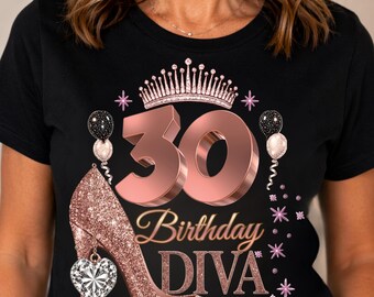 30. urodziny Diva PNG, projekt różowozłotej koszulki urodzinowej, prezent dla kobiety na 30. urodziny, elegancka grafika urodzinowa na wysokich obcasach, strój na 30. urodziny