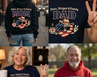 Patriotyczny zestaw rodzinny PNG, gwiazdy, paski, rodzina, mama, tata, babcia, dziadek png, projekt koszulki 4 lipca, dopasowanie rodzinne w USA PNG