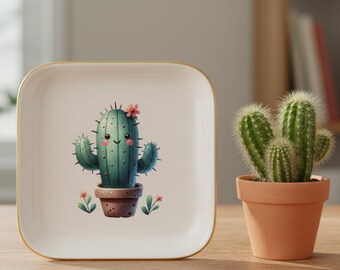 Cactus Trinket Dish Set | Minimalist Ceramic Ring Dish | Cute Cactus Jewelry Holder Gift
